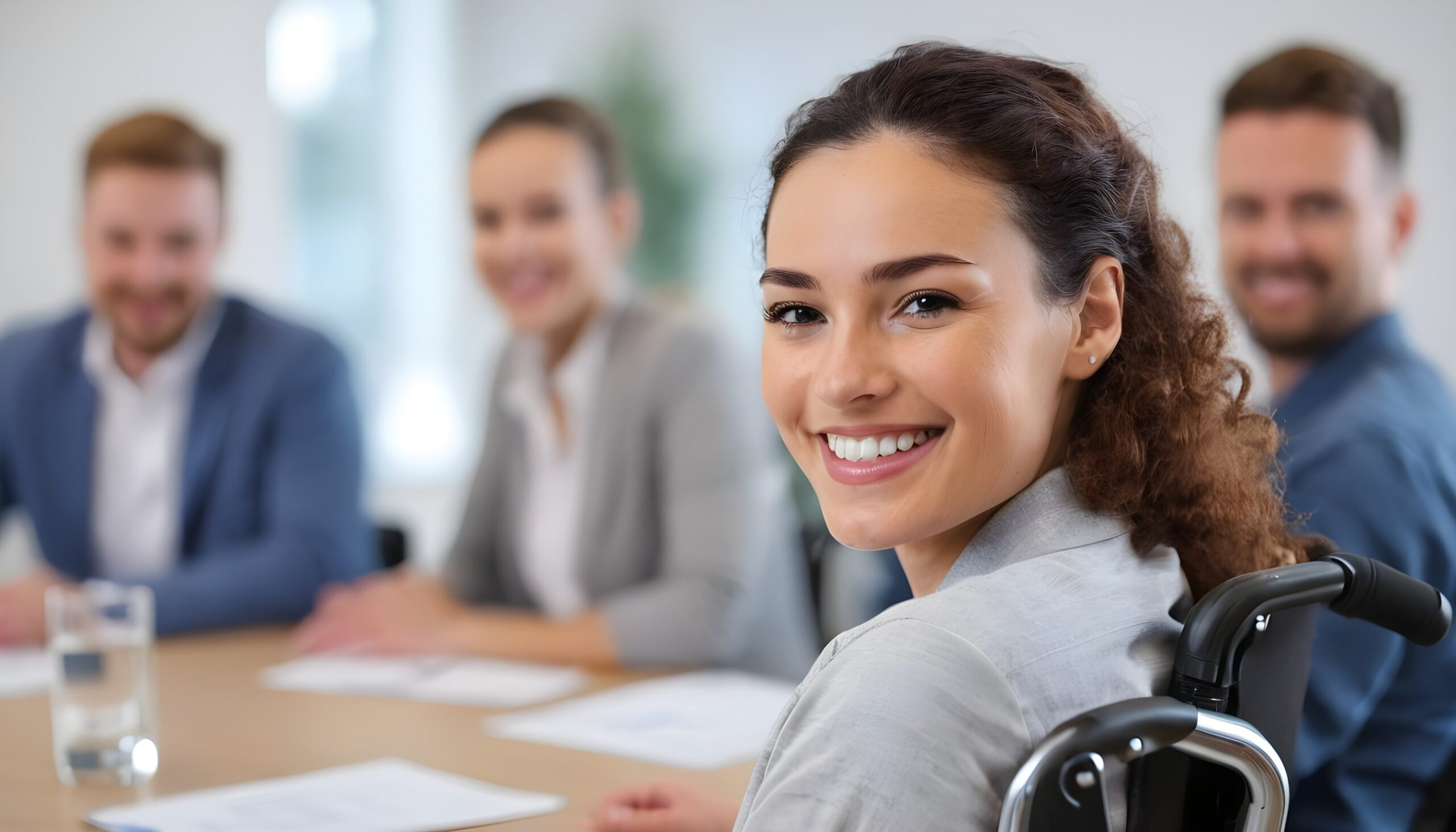 woman-in-a-wheelchair-at-the-right-of-the-image-at-a-work-meeting-smiling-and-looking-at-the-camera-with-a-blurred-background-but-zoomed-out